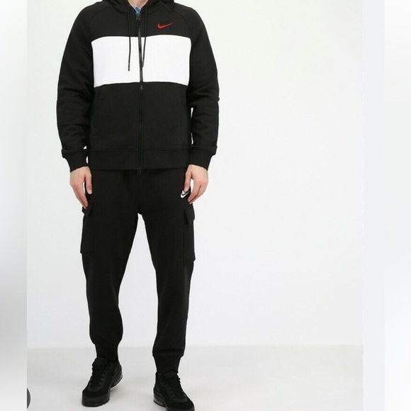 Nike Air Black White Red SWOOSH Full Zip Fleece Hoodie Sz M DB5064-011 - Picture 1 of 8